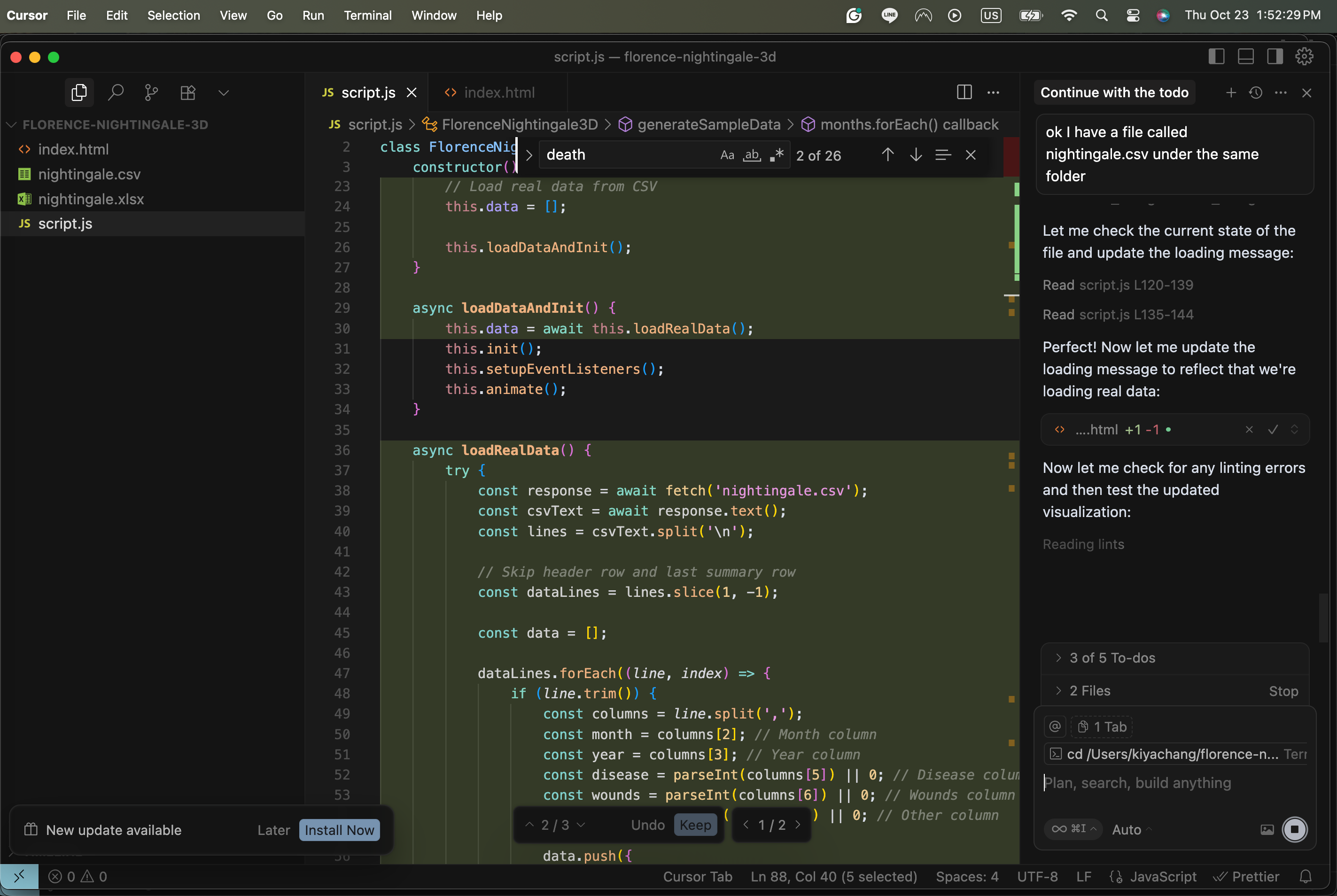 Screenshot of Cursor generating the 3D bar chart