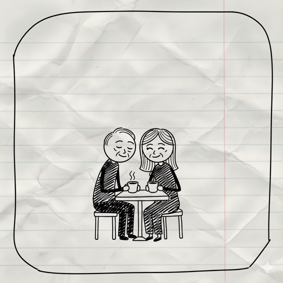 A drawing of two people sitting at a table